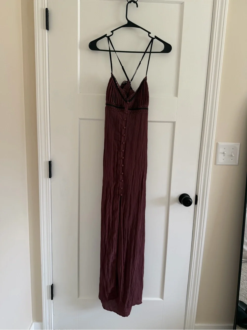 Free People Wine Red Button-Front Slip Maxi Dress Black Lace Trim Small
